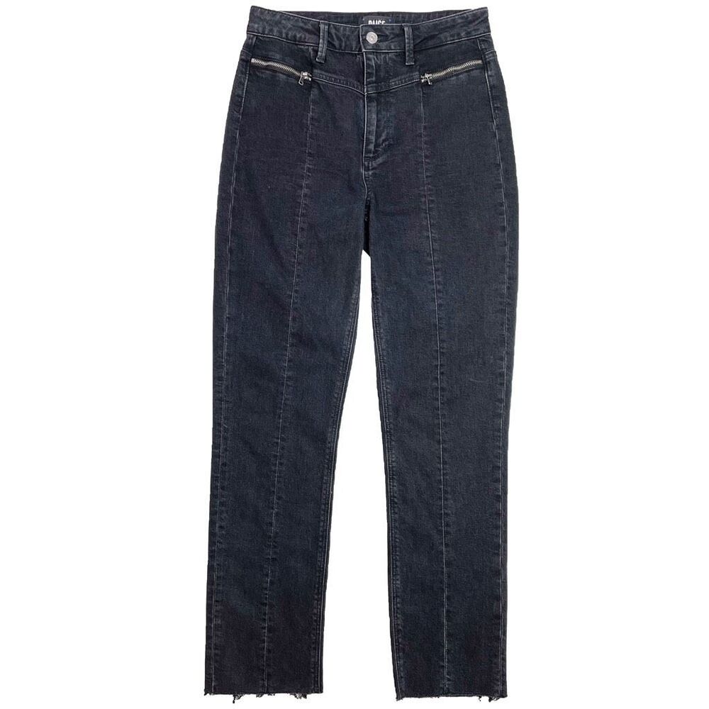 PAIGE Sarah Slim Leg High Rise Ankle Jean Zip Pockets Raw Hem Virgo Black 27